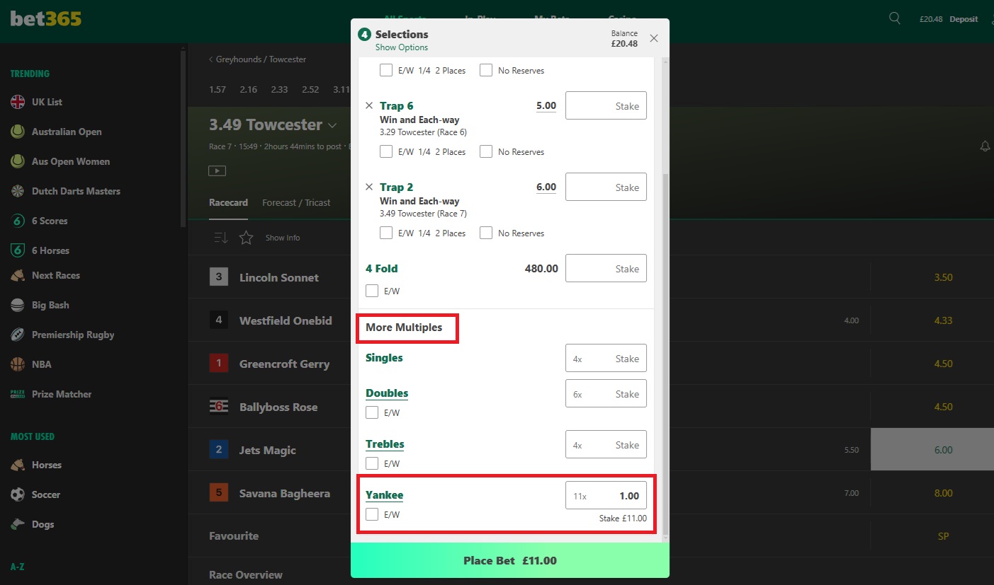 bet365 betslip with an open bet highlighting the more multiples and yankee section with a £1 stake entered into the yankee stake box